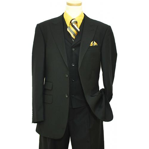 Luciano Carreli Collection Solid Black Self Weaved With Black Hand-Pick Stitching Super 150'S Vested Suit 5250/341